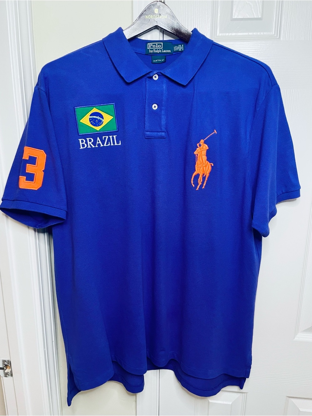 Polo by Ralph Lauren Blue Brazil Patch Polo with Orange Player Logo